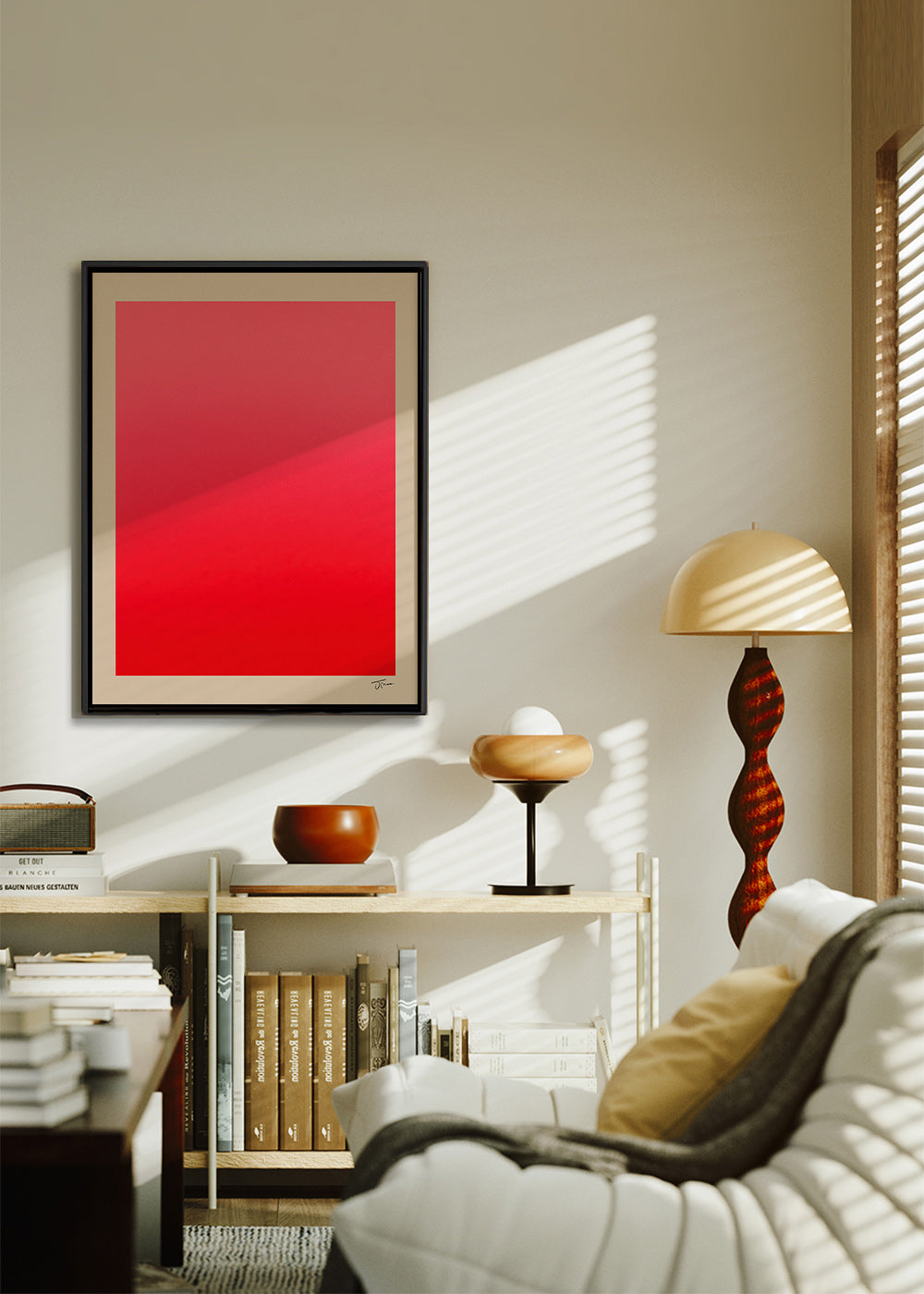 Cuadro abstracto en degradado rojo con firma minimal – Canvas2