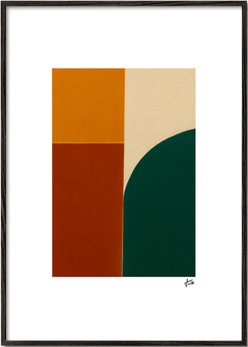 Geometrisk tavla med grön båge och ockra ytor – Black Frame