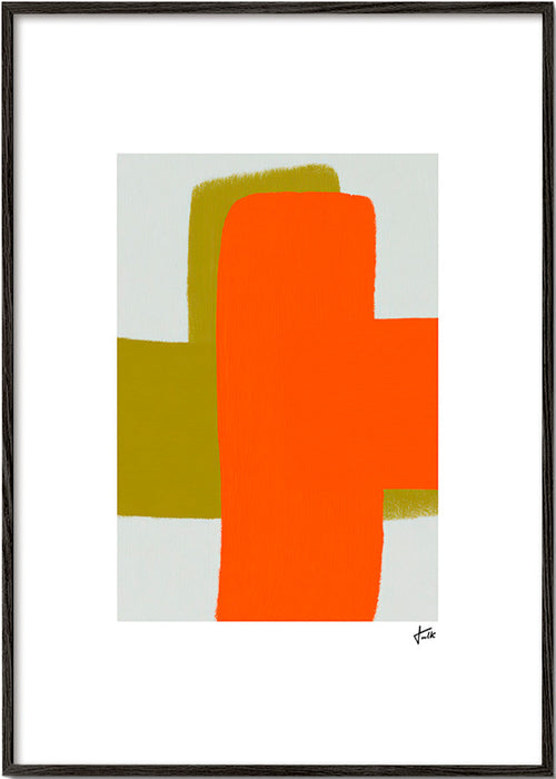 Abstrakt konst i orange och grönt med vertikala former – Black Frame