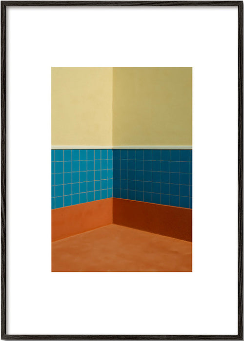 Minimalistisk design: hörn med blå kakel och terrakotta golv – Black Frame