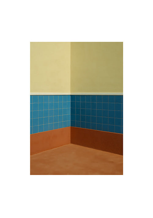 Minimalistisk design: hörn med blå kakel och terrakotta golv