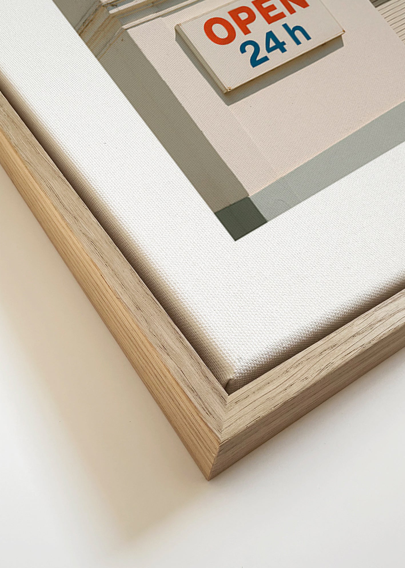 Minimalistisk poster fasad med OPEN 24h-skylt – Canvas detail