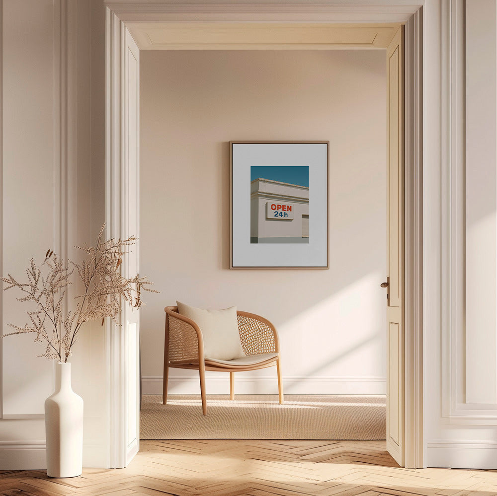 Minimalistisk poster fasad med OPEN 24h-skylt – Canvas2