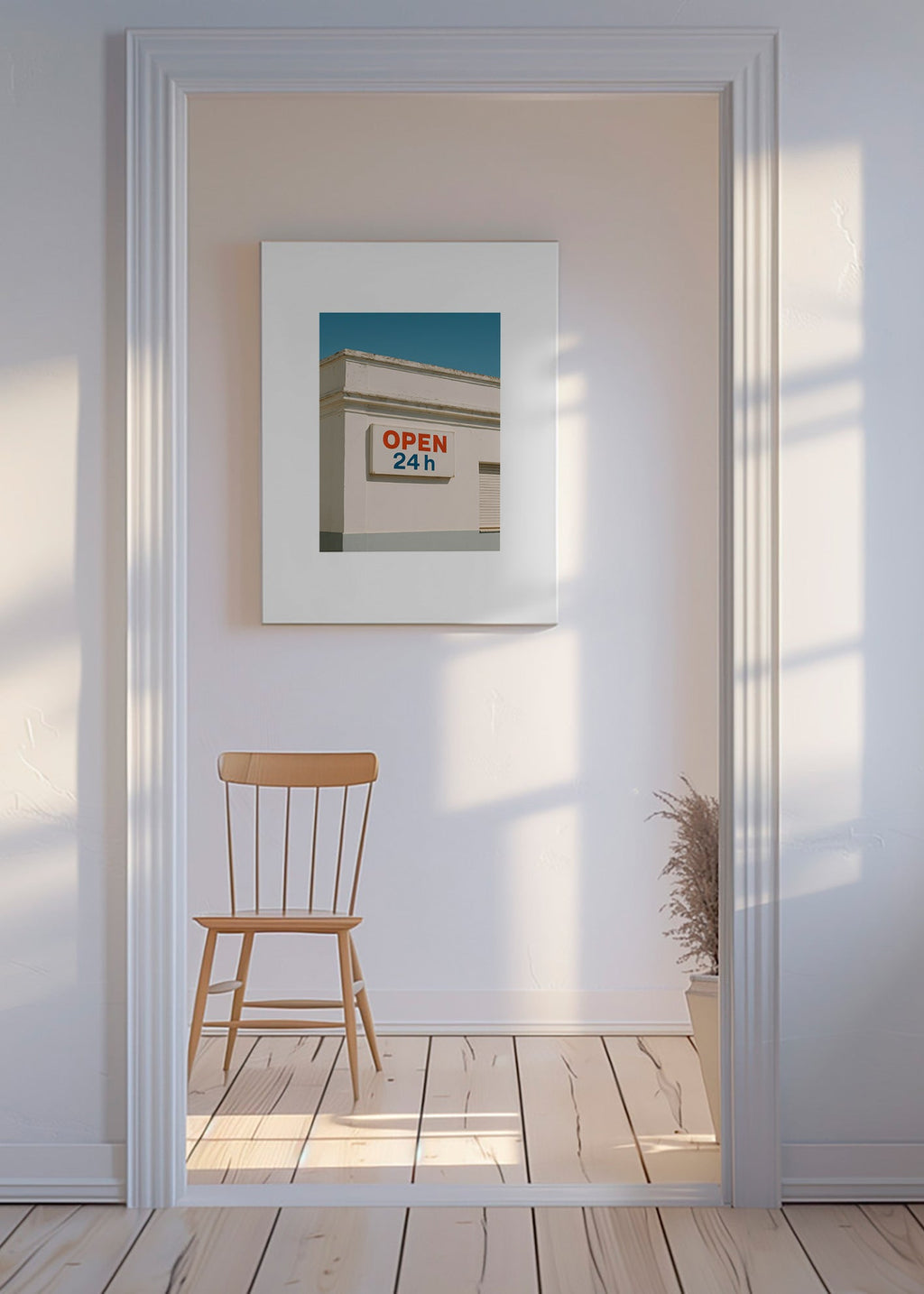 Minimalistisk poster fasad med OPEN 24h-skylt – Canvas