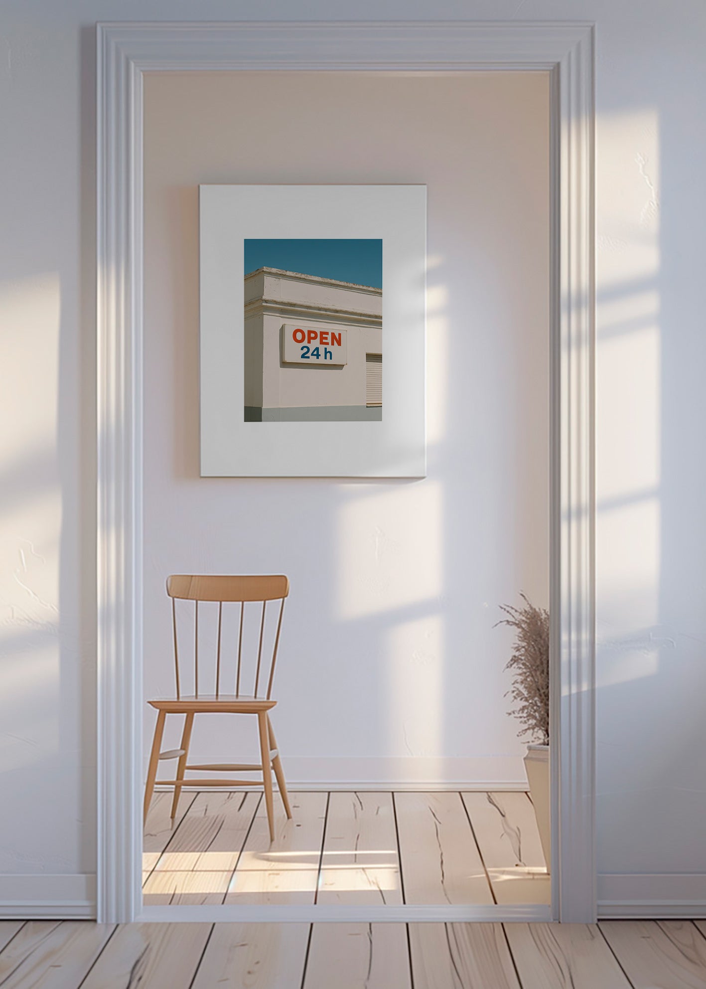 Minimalistisk poster fasad med OPEN 24h-skylt – Canvas