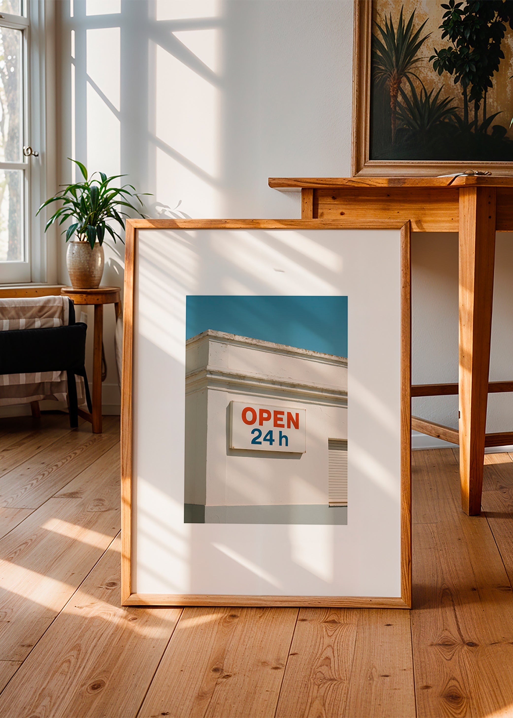 Minimalistisk poster fasad med OPEN 24h-skylt – Product2