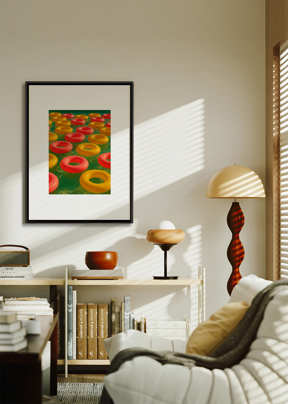 Geometrisk tavla med flytande röda och gula ringar – Canvas2