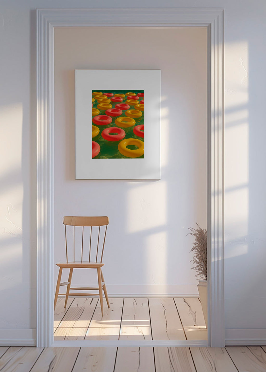 Geometrisk tavla med flytande röda och gula ringar – Canvas