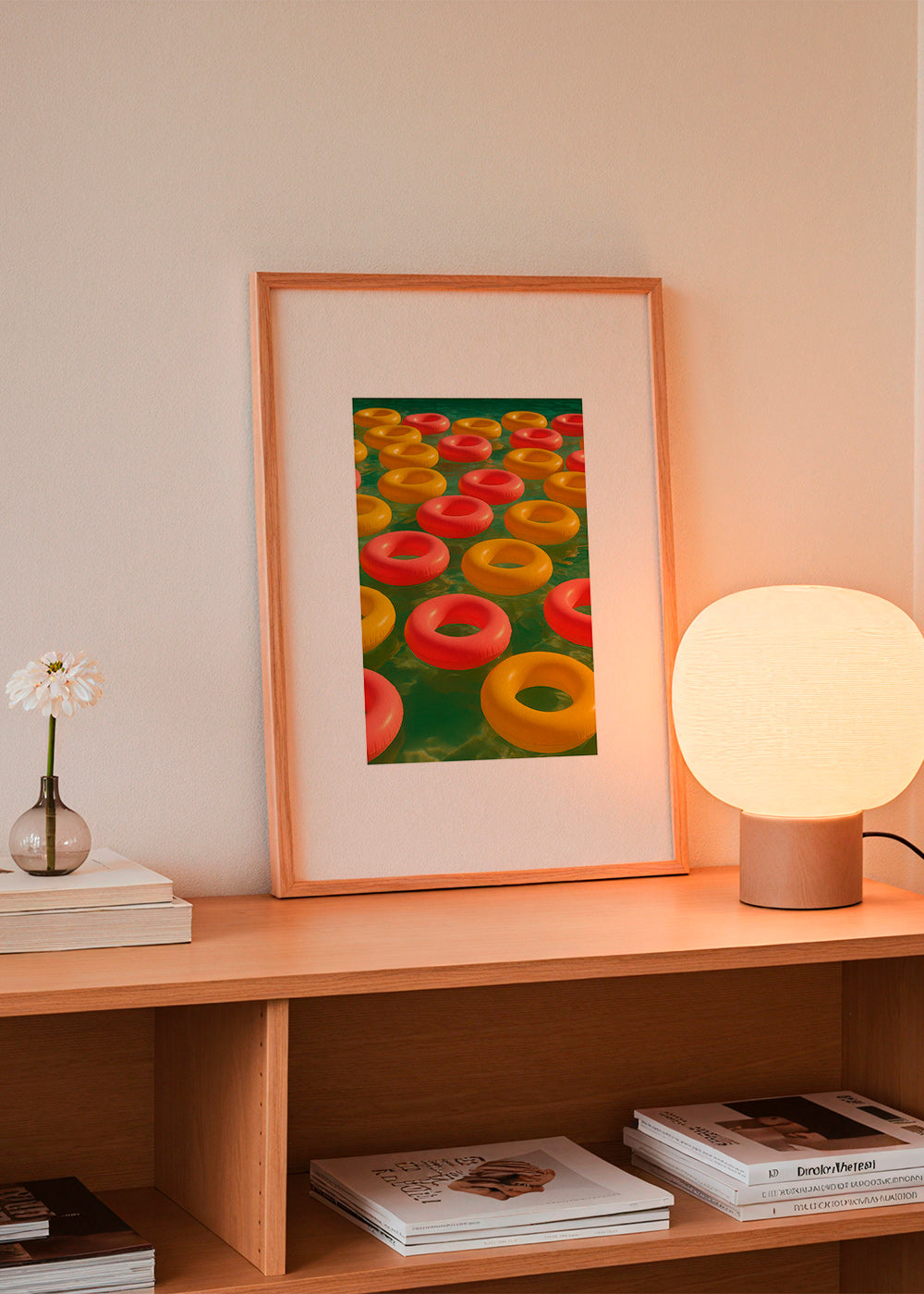 Geometrisk tavla med flytande röda och gula ringar – Product1
