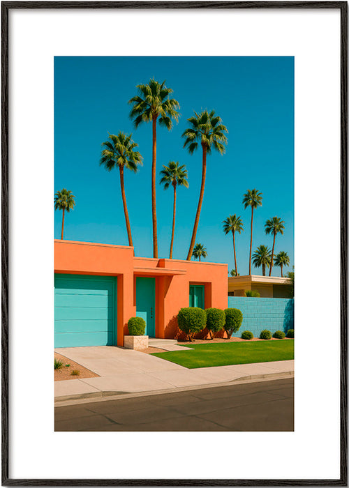 Botanisk poster Palm House med palmer och korallfasad – Black Frame