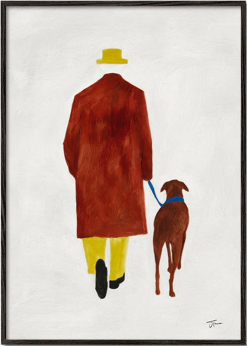 Illustration av promenad med hund och gul hatt – Black Frame