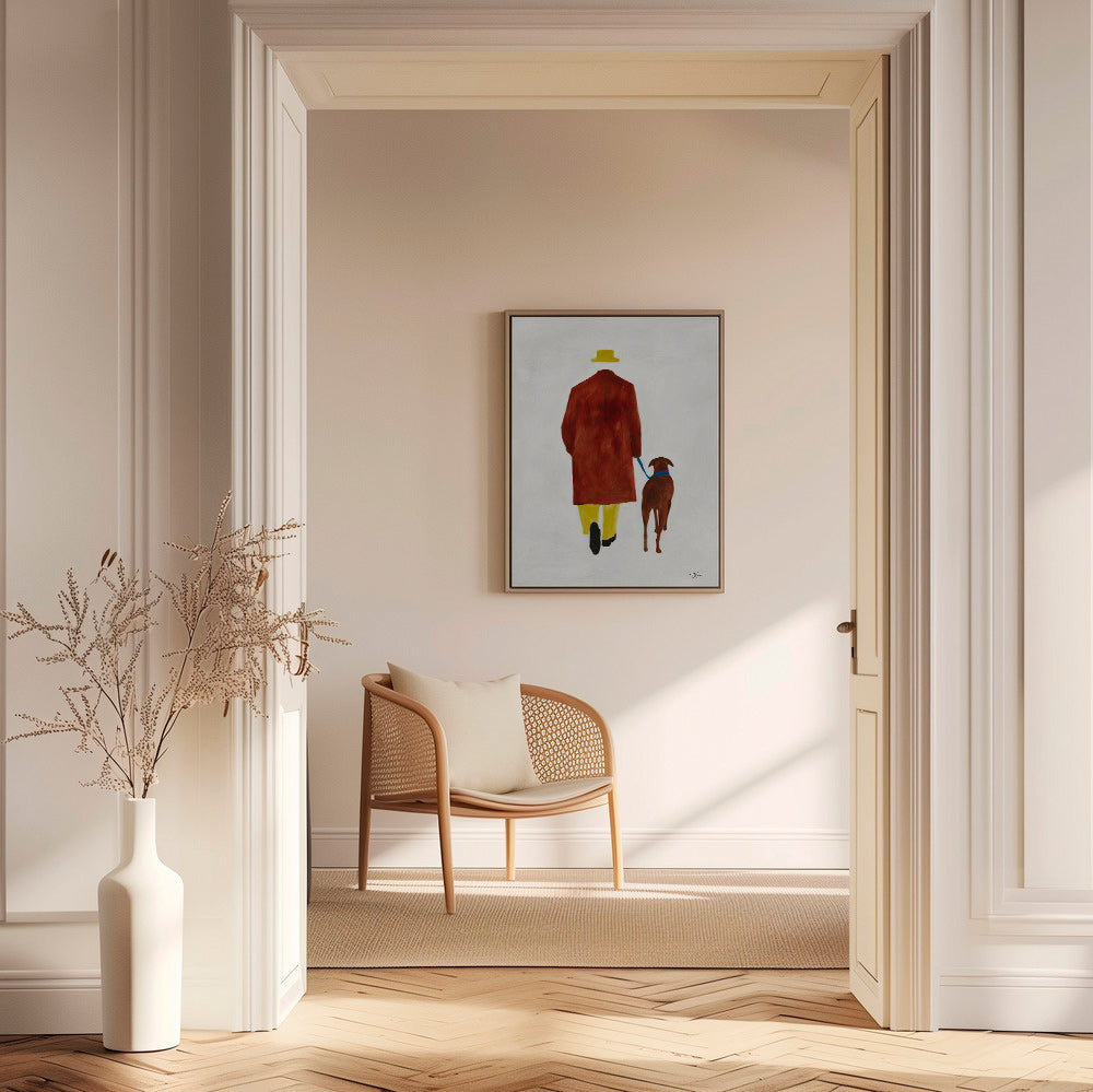 Ilustración de paseo con perro y sombrero amarillo – Canvas2