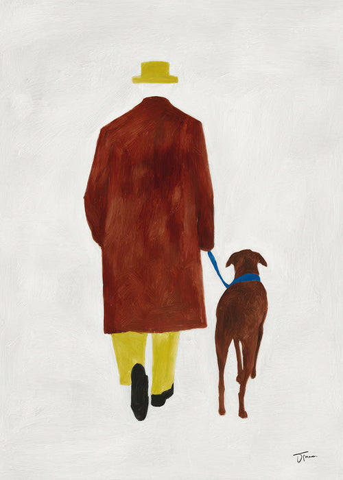 Illustration av promenad med hund och gul hatt