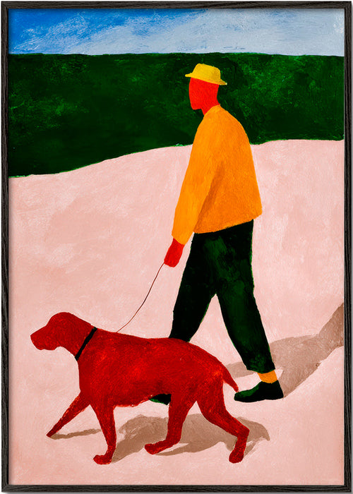 Tavla promenad med röd hund – Black Frame