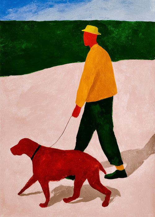 Tavla promenad med röd hund