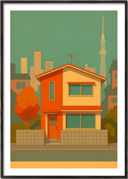 Kökskonst: japanskt hus illustrerat i retropalett – Black Frame