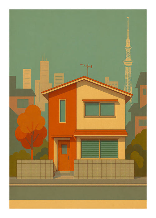 Kökskonst: japanskt hus illustrerat i retropalett