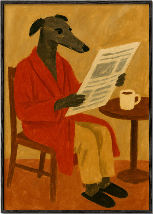 Målning av hund som läser tidning i röd morgonrock – Black Frame