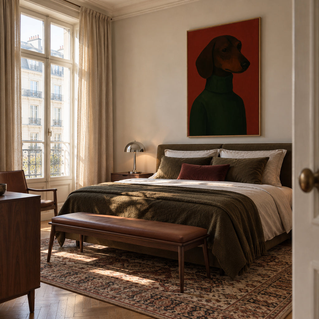 Dark Emerald Portrait - Framed canvas in an interior