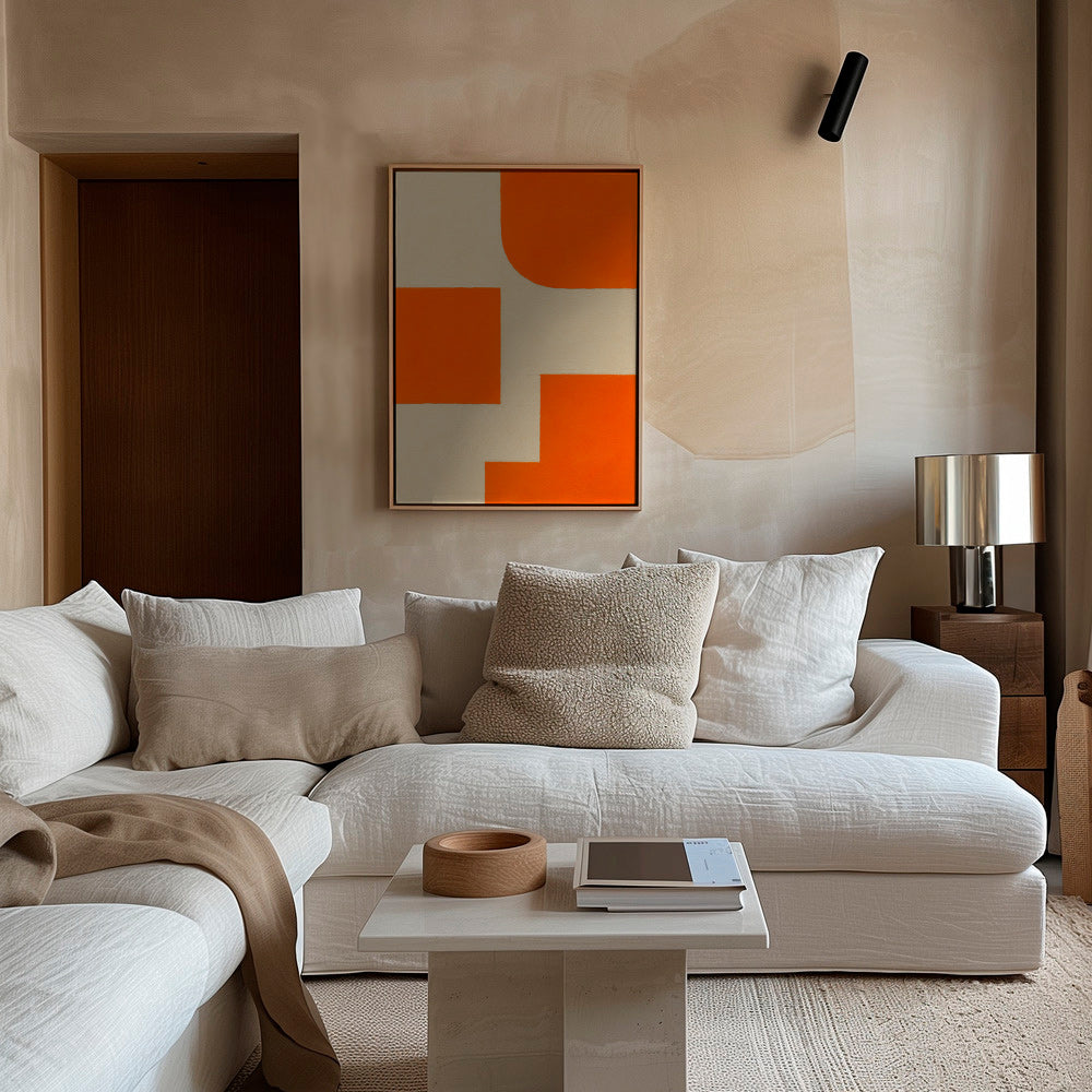 Cuadro geométrico en naranja y beige con bloques modulares – Canvas1