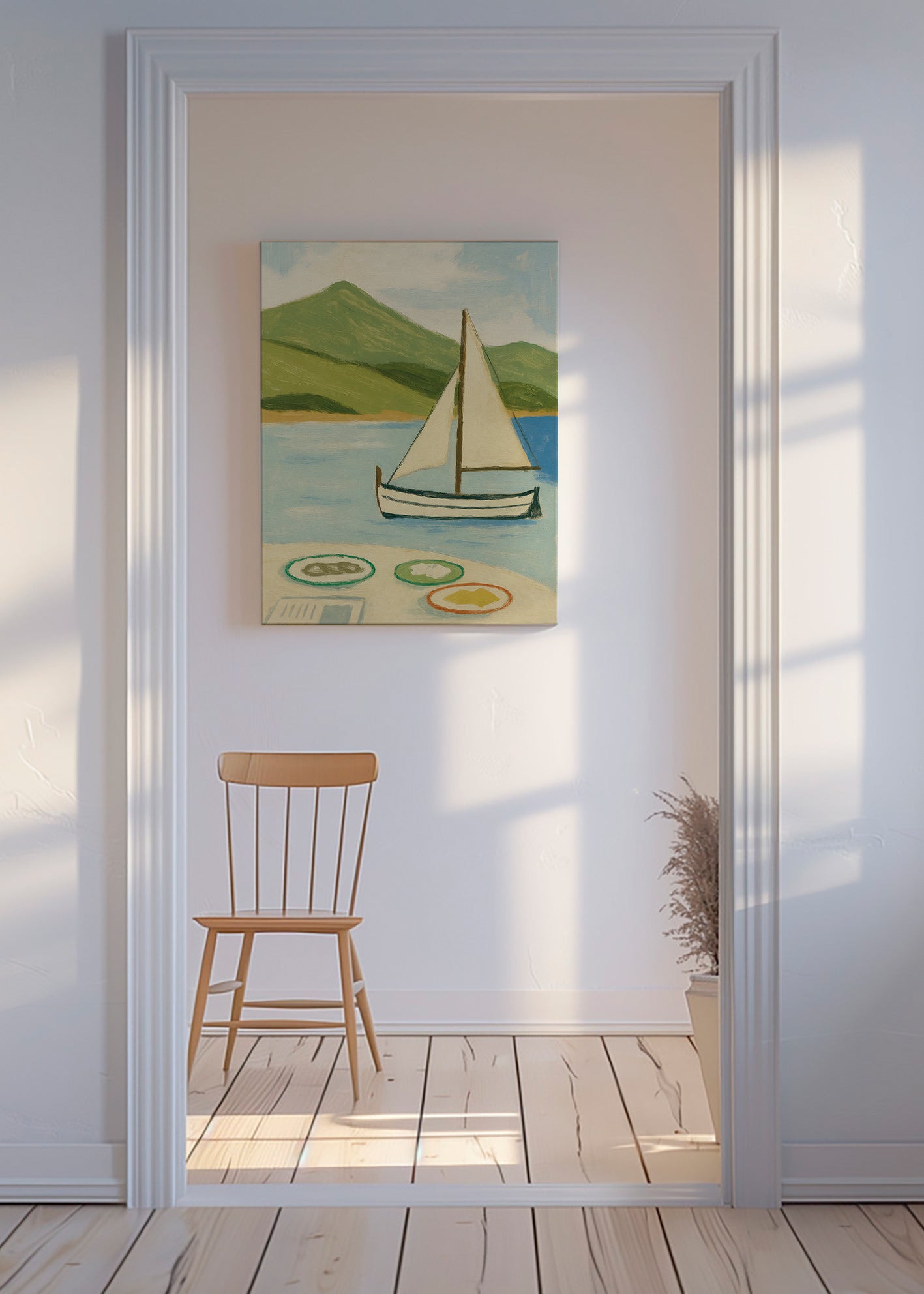 Landskapstavla med segelbåt på sjön – Canvas