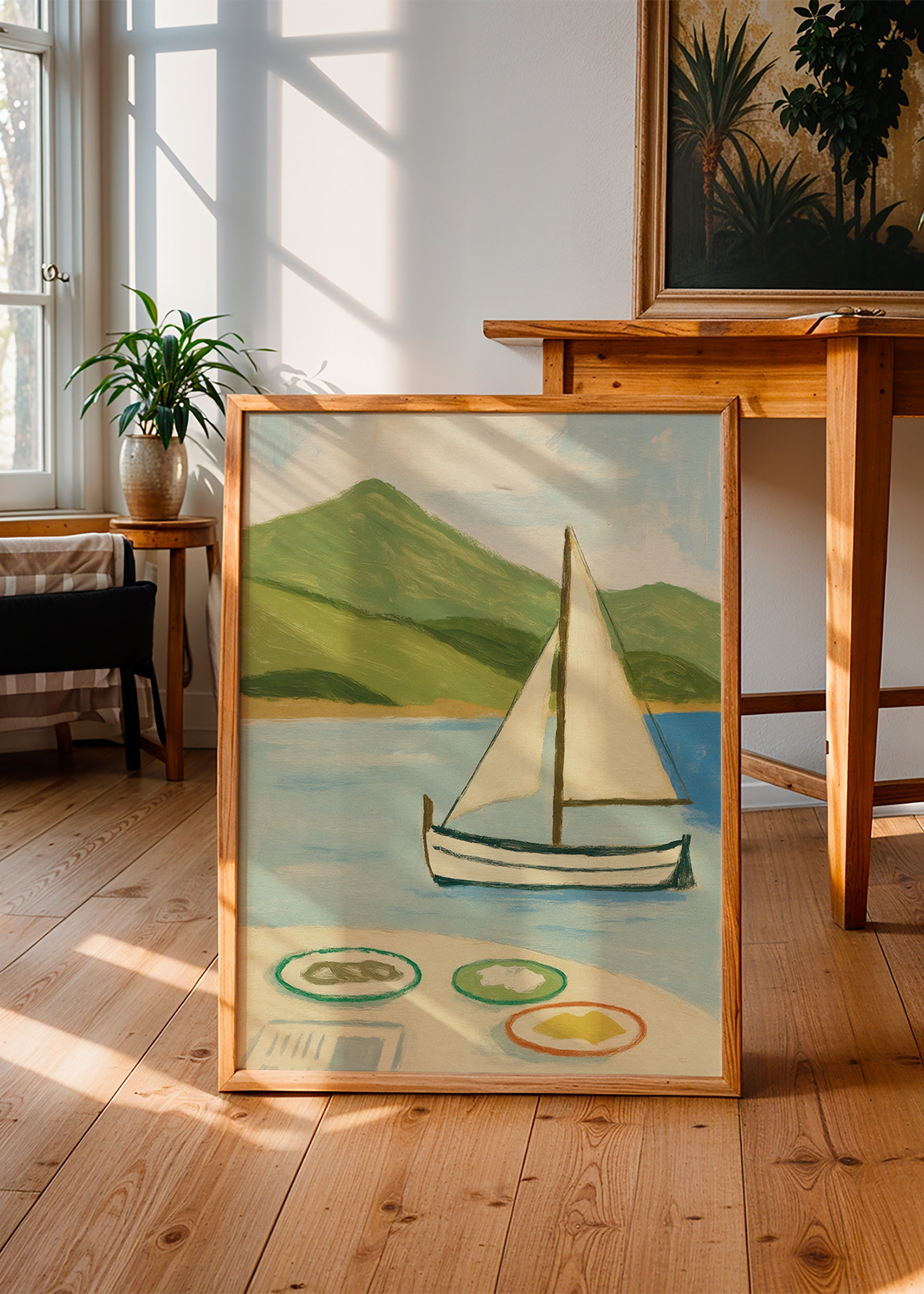 Landskapstavla med segelbåt på sjön – Product2