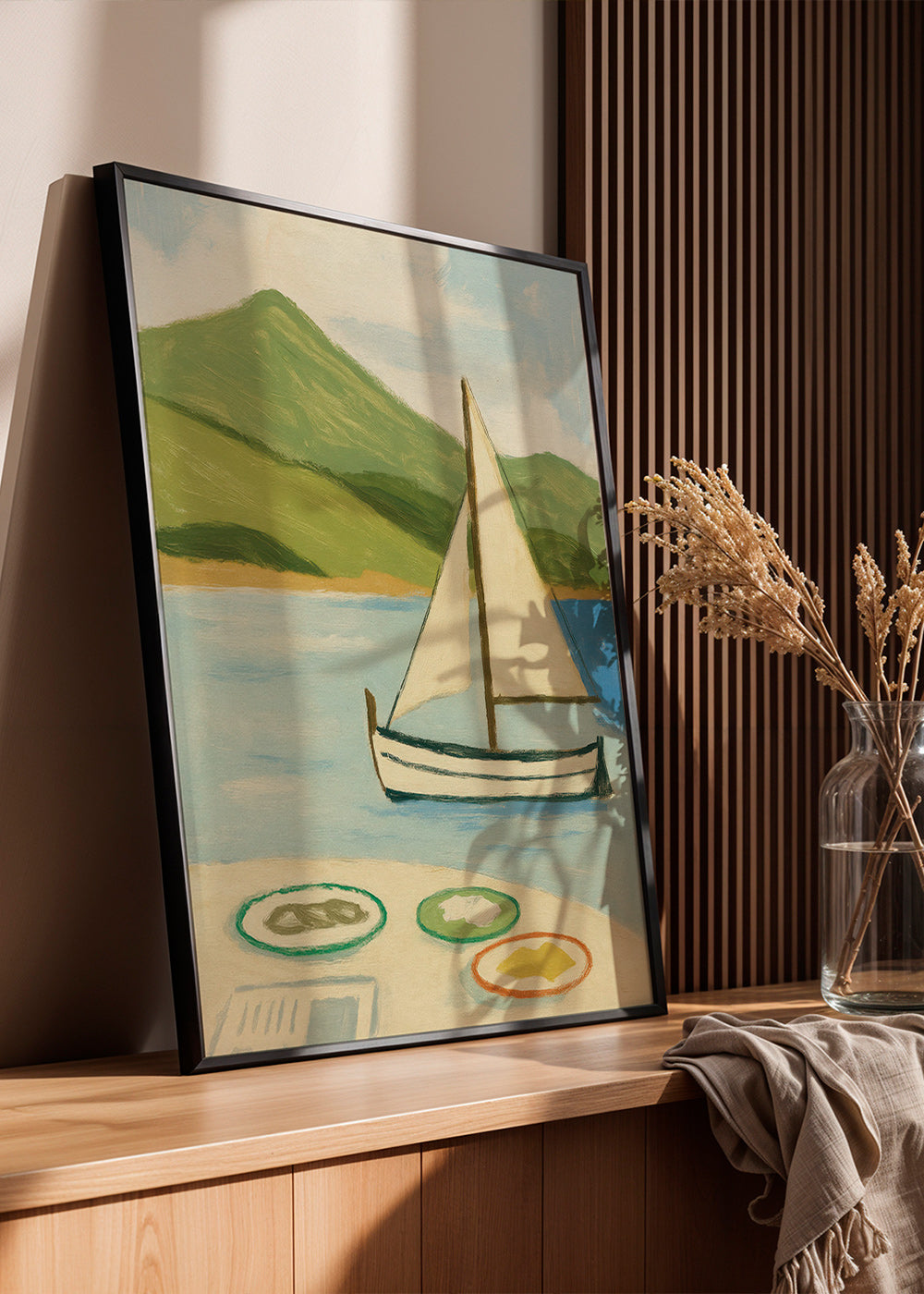 Landskapstavla med segelbåt på sjön – Product3