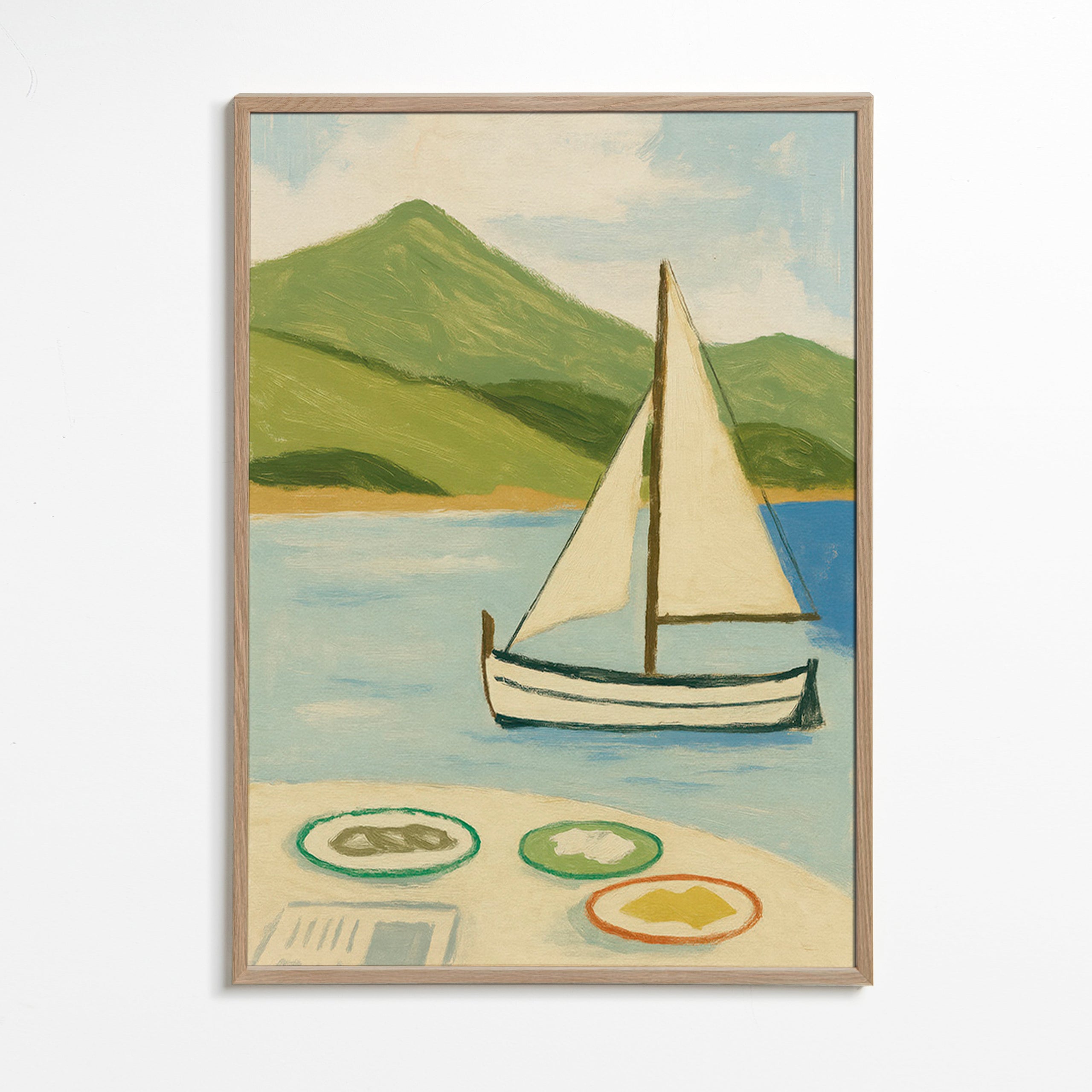 Landskapstavla med segelbåt på sjön – Oak Frame