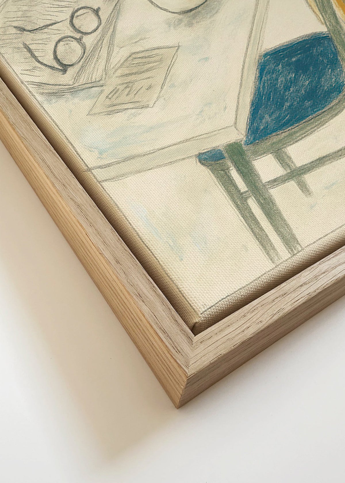Kökskonst med kopp och upphängd jacka – Canvas detail