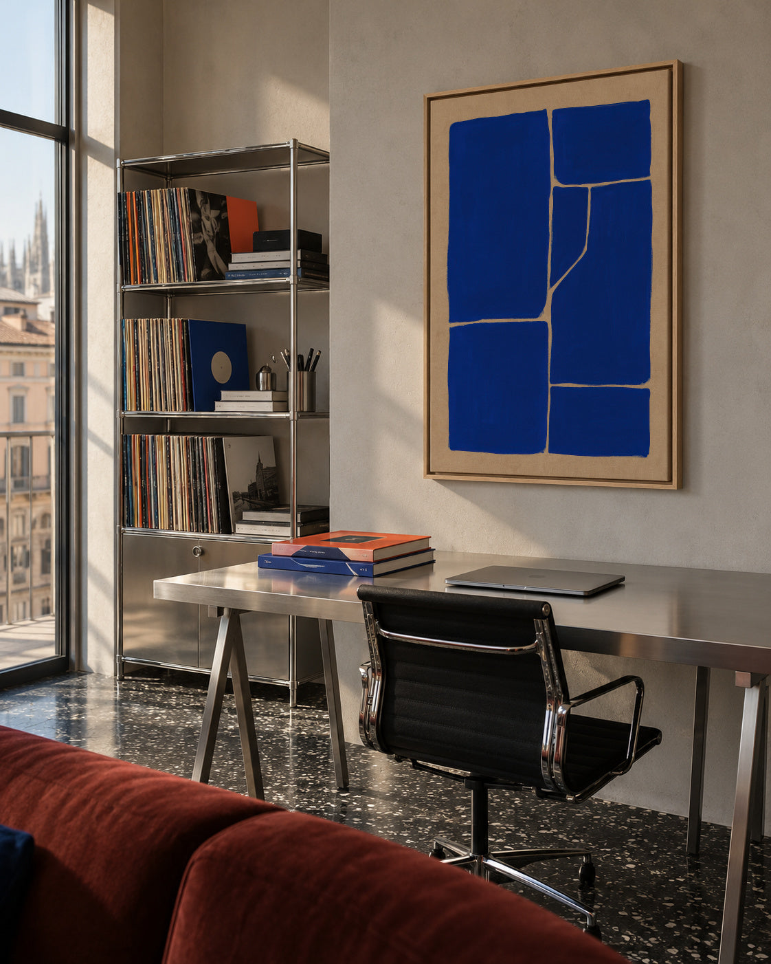 Blue Fractures - Framed canvas in an interior
