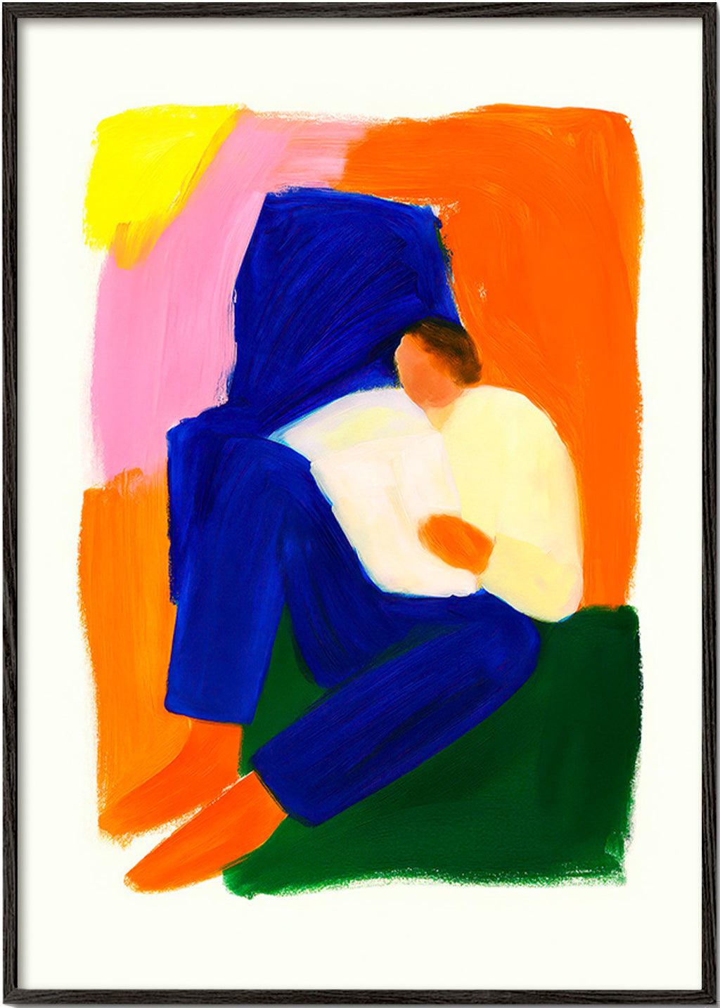 Illustration av sittande figur i klara färger – Black Frame