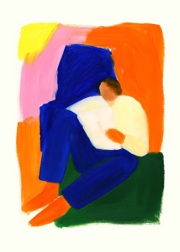 Illustration av sittande figur i klara färger