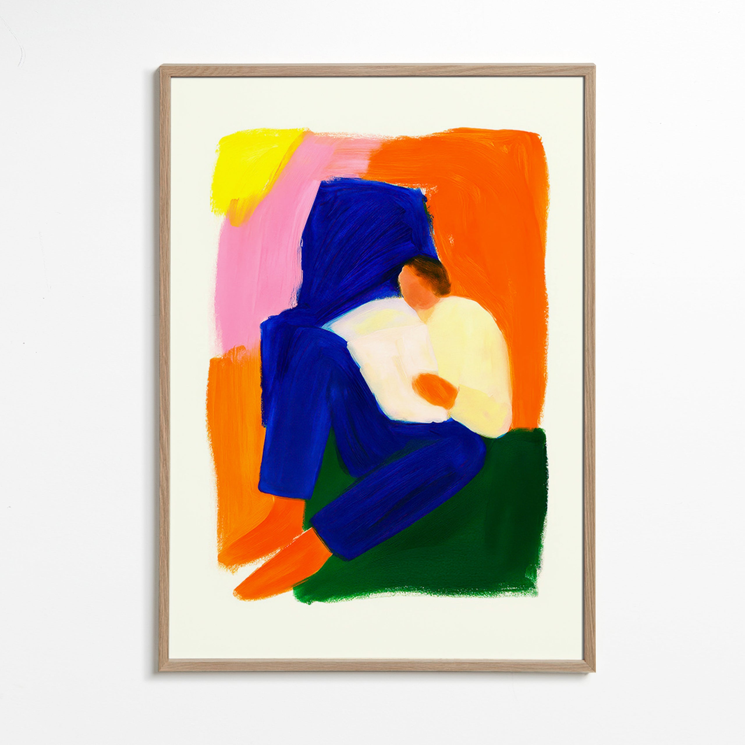 Illustration av sittande figur i klara färger – Oak Frame