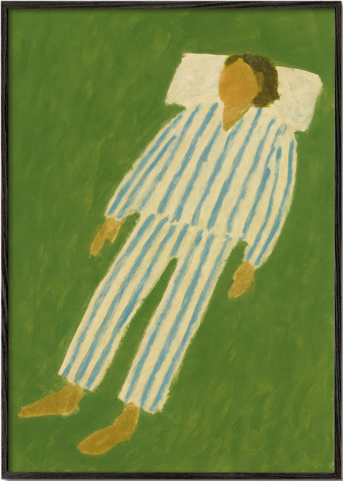 Illustration av figur liggande i randig pyjamas – Black Frame