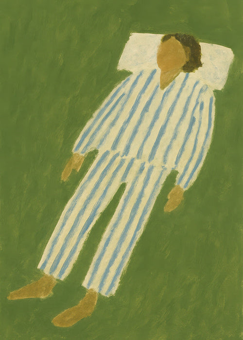 Illustration av figur liggande i randig pyjamas