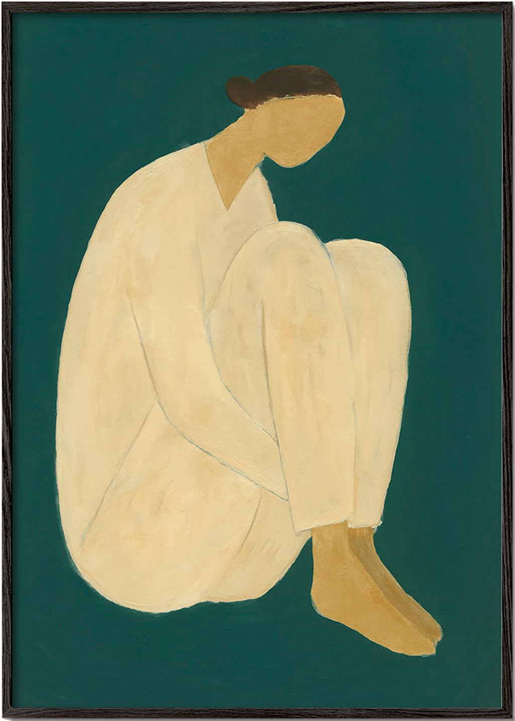 Minimalistisk tavla med sittande figur på grön bakgrund – Black Frame