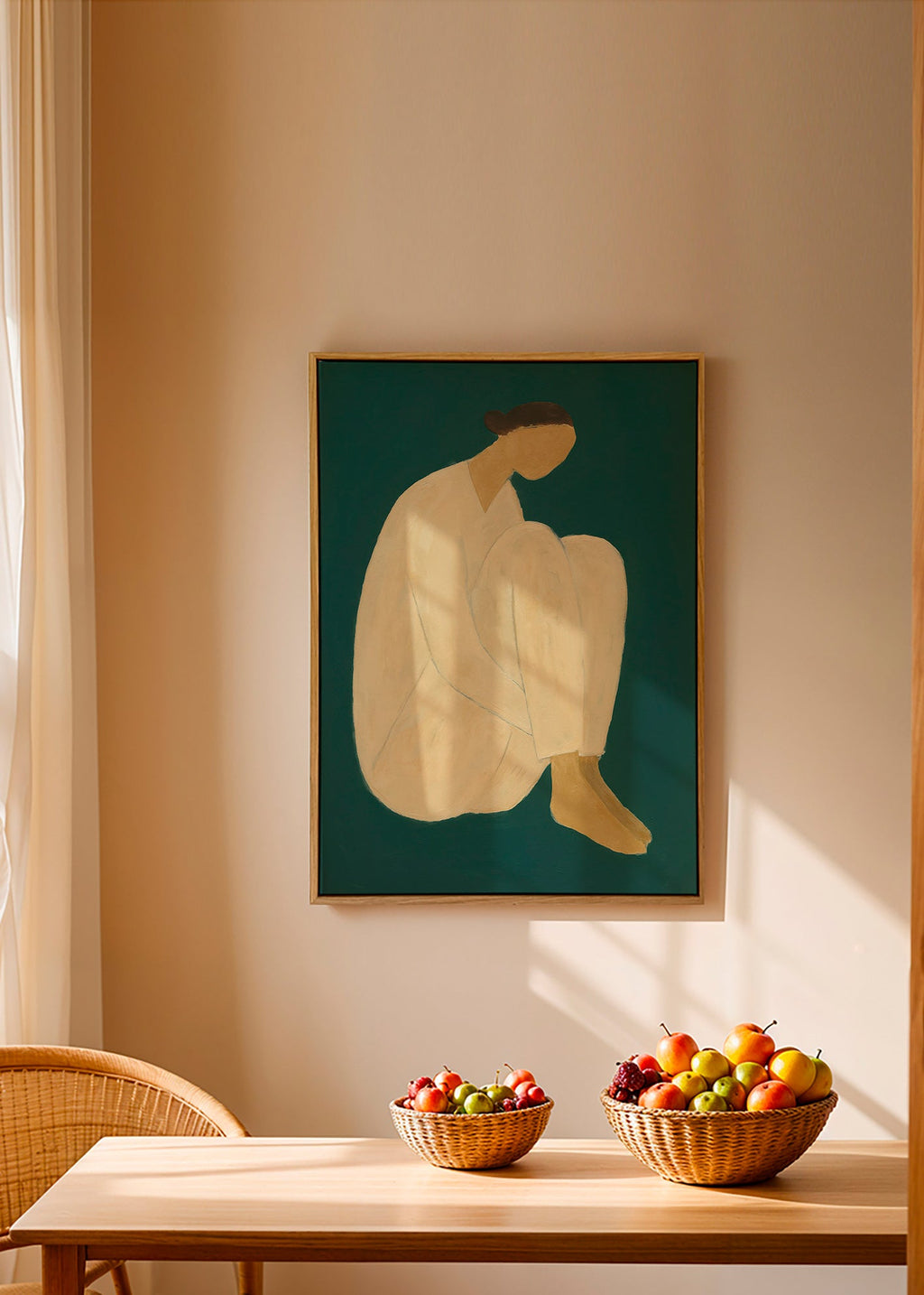Minimalistisk tavla med sittande figur på grön bakgrund – Canvas1