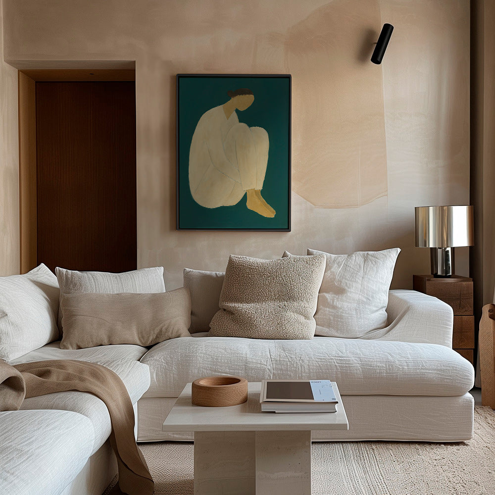 Minimalistisk tavla med sittande figur på grön bakgrund – Canvas2
