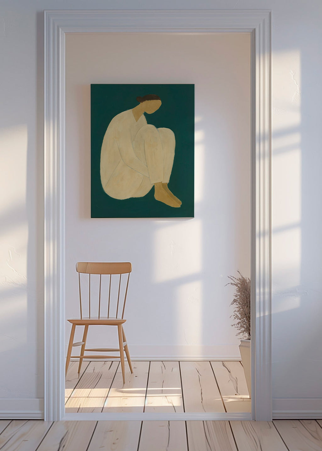 Minimalistisk tavla med sittande figur på grön bakgrund – Canvas