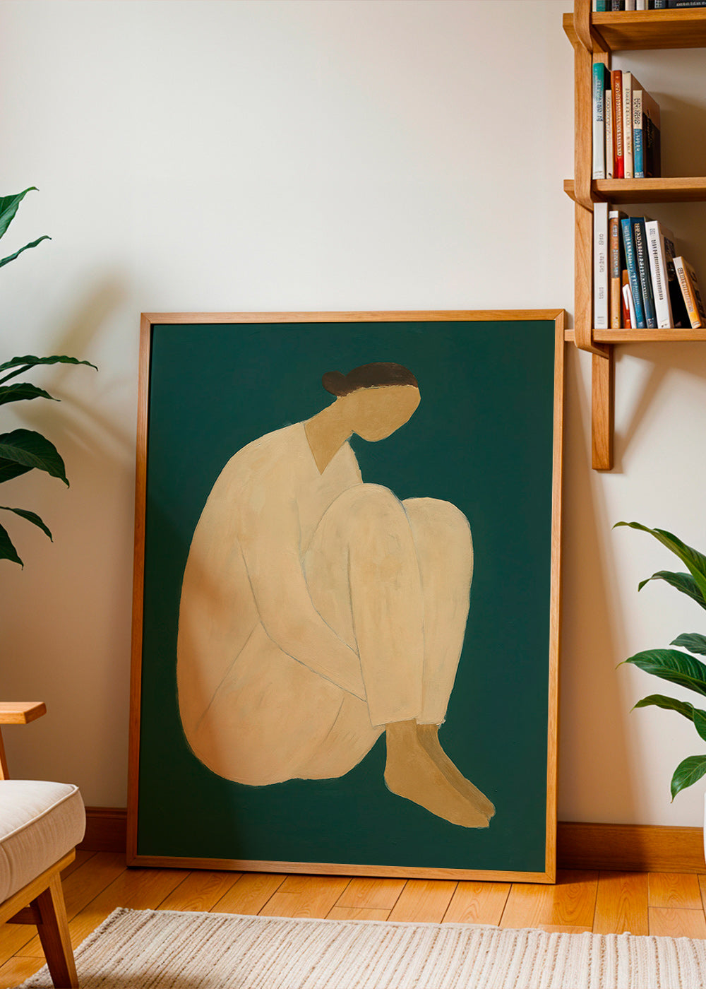 Minimalistisk tavla med sittande figur på grön bakgrund – Product1