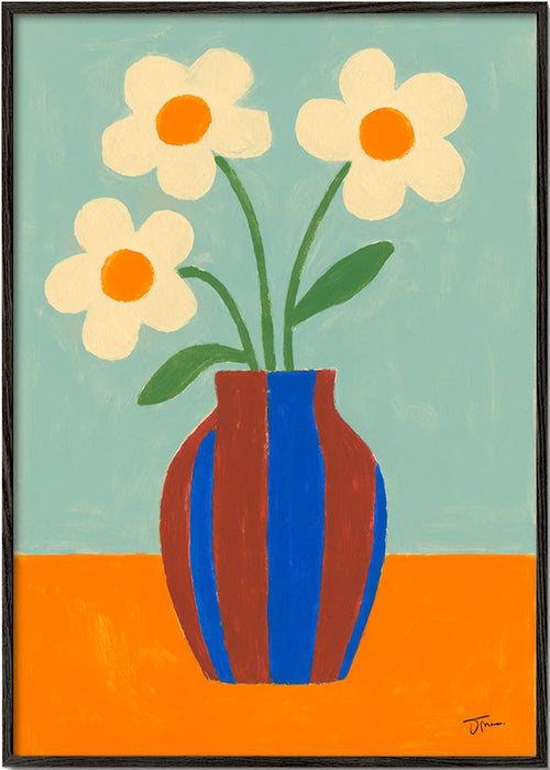 Botanisk poster med randig vas och krämfärgade blommor – Black Frame