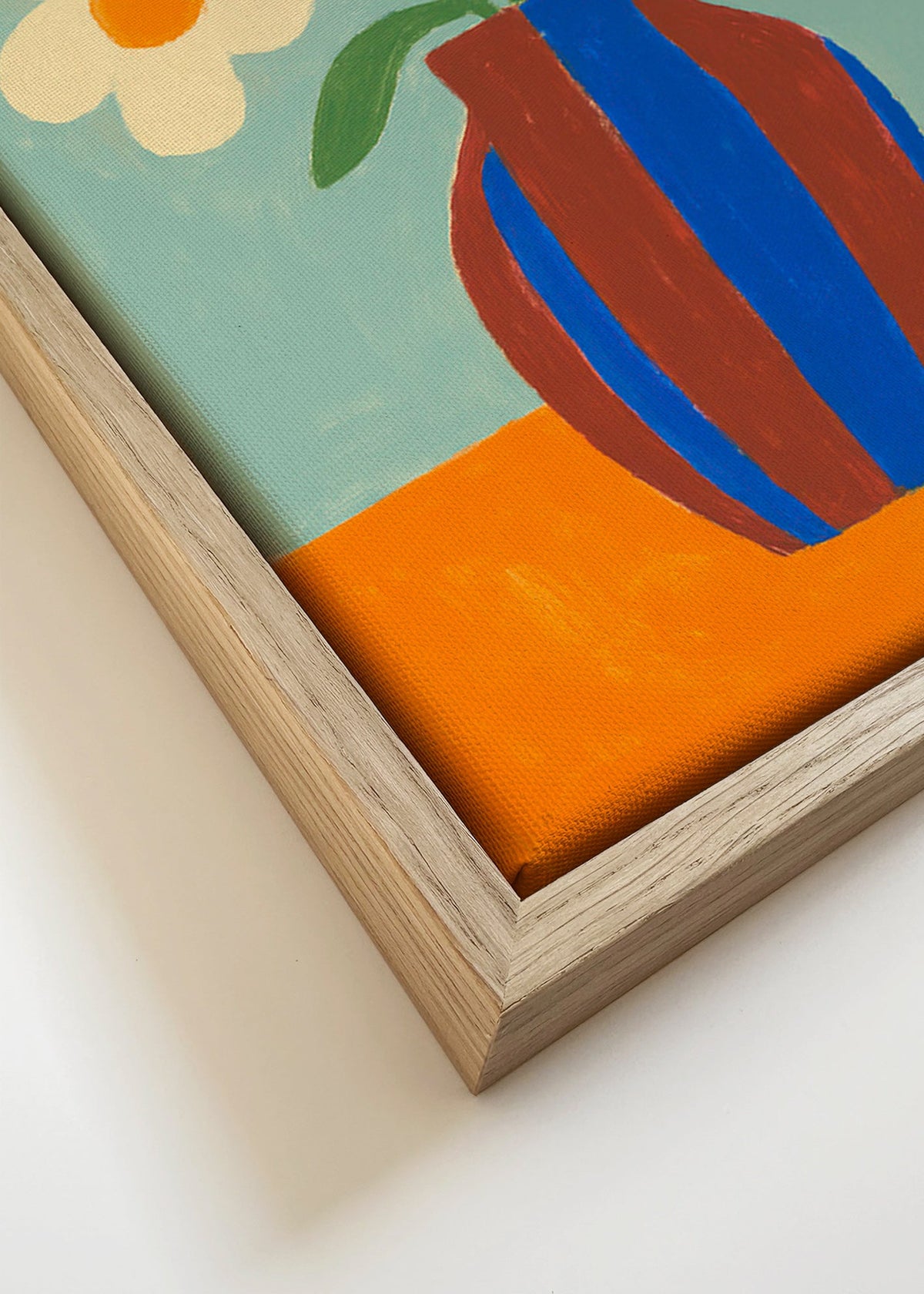 Botanisk poster med randig vas och krämfärgade blommor – Canvas detail