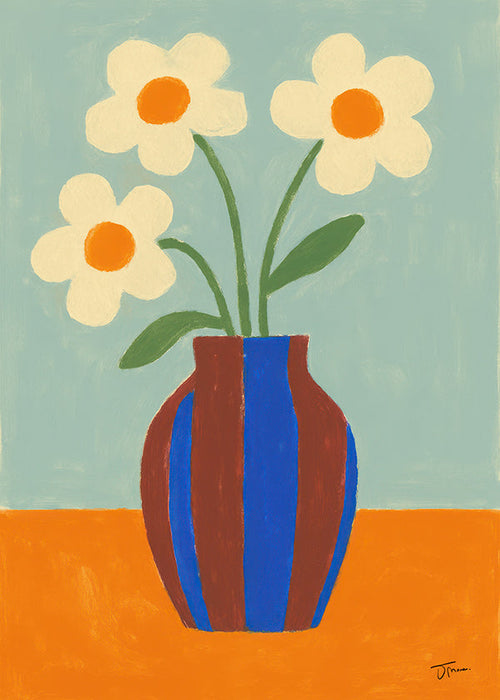Botanisk poster med randig vas och krämfärgade blommor