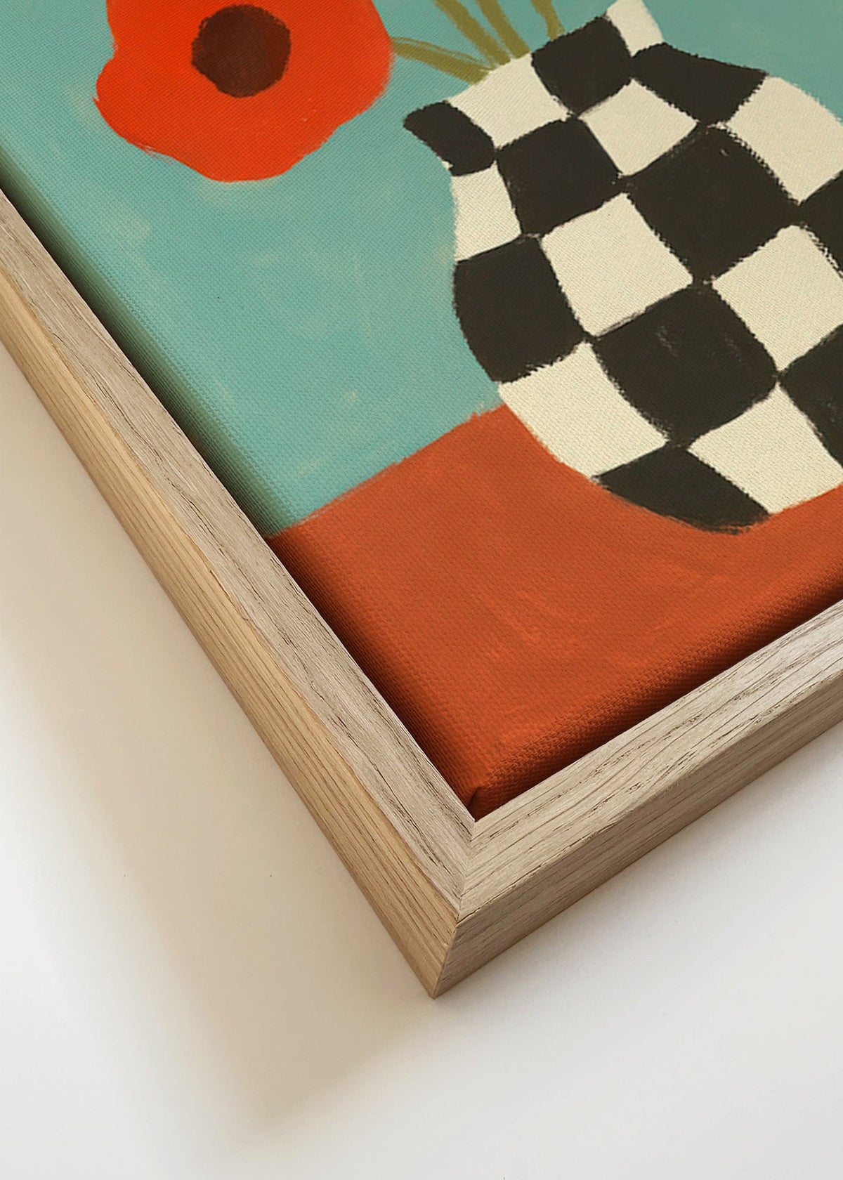 Botanisk poster med vallmo i schackmönstrad vas – Canvas detail
