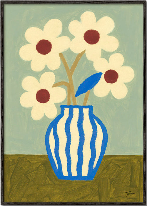 Botanisk poster blå vas med stiliserade blommor – Black Frame