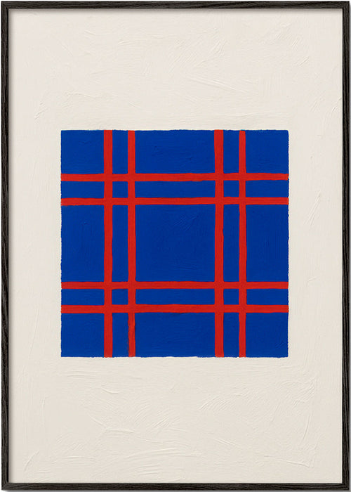 Geometrisk tavla i blått med rött rutmönster – Black Frame
