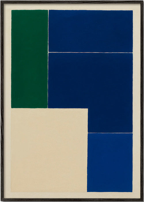 Geometrisk tavla med blå och gröna block – Black Frame