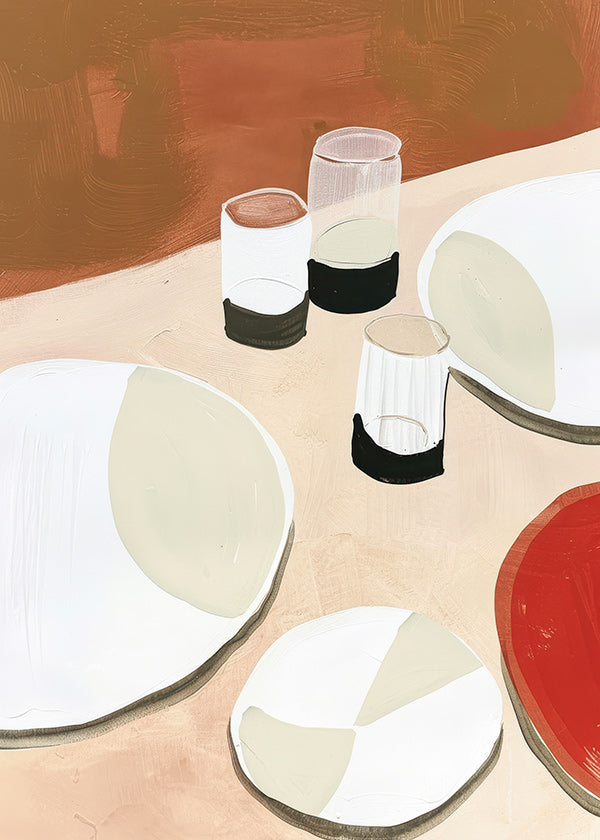 Kökskonst minimalistisk med tallrikar och glas