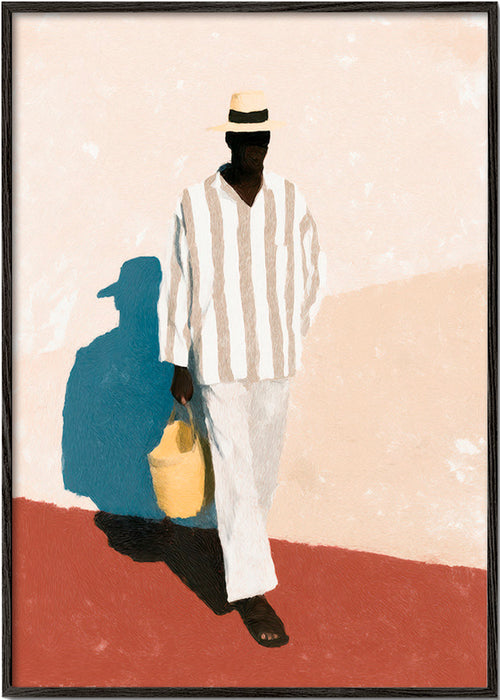 Minimalistiskt konstverk med man i hatt och väska – Black Frame