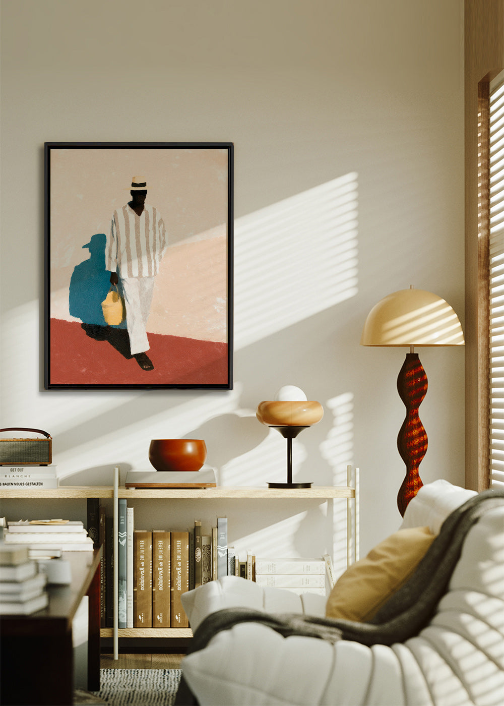 Minimalistiskt konstverk med man i hatt och väska – Canvas1